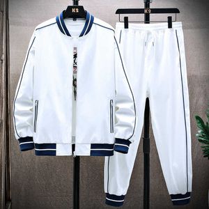 ¡Novedad de 2021! Chándal blanco y negro de calle alta, conjunto de jogging para hombre, chaqueta de béisbol de 2 piezas y pantalones, ropa de calle, chándales informales X0909