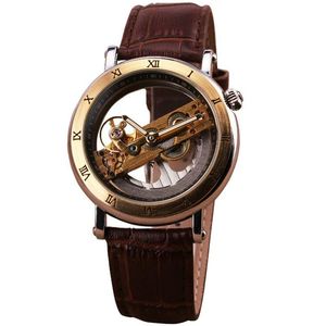 JARAGAR-Reloj de pulsera mecánico automático para hombre, esfera romana, puente dorado de lujo, movimiento transparente, cuero genuino, 303m, novedad de 2021