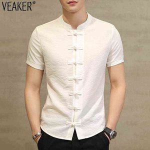 2021 nouveaux hommes coton lin manches courtes chemise mâle Style chinois col Mandarin Slim Fit t-shirt noir blanc été hauts G1222
