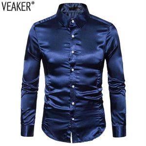 Camisas de fiesta de satén de seda para hombre, camisa ajustada de manga larga de Color sólido brillante para club nocturno, boda, 10 colores, S-2XL, X0289T, novedad de 2021