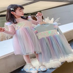 2021 nuevos vestidos de princesa, vestido de fiesta para niñas pequeñas, encaje colorido con lentejuelas, manga larga, hasta la rodilla, vestido tutú, venta al por mayor, caliente Q0716