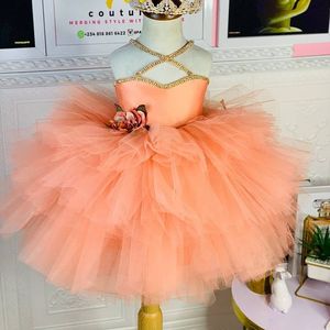 2021 Orange Cristaux Tutu Fleur Fille Robes Robe De Bal Genou Longueur Tulle Lilttle Enfants Anniversaire Pageant Robes De Mariage ZJ597