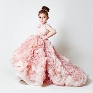 2021 Pink Lace apliqueado altas vestidos de niña de alta flores para boda faldas escalonadas niñas pequeñas vestido vestido primero vestido de comunión sagrado