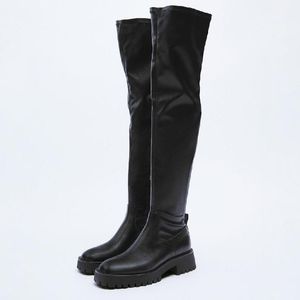 2021 Plus Velet bottes d'hiver femmes sur le genou plate-forme chaud bas décontracté noir en cuir véritable chaussons 52299