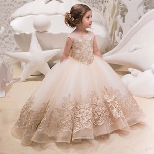 2021 Pretty Princess Appliques Bow Flower Girl Dresses Tulle Backless Girls Pageant Gown Communion For Wedding Formal Party F03