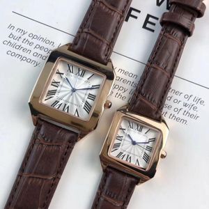 2021 Rose Gold Nouveaux hommes Montre Messieurs Montres de luxe Femmes Montre-bracelet en cuir Marron Cadran carré Montre Femme Amoureux Marque Horloge Mâle Femelle Cadeau Relogio