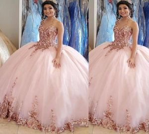 2021 Sexy Rose Gold Pink Sequined Elegent Quinceanera Dresses Vestido de pelota Sweetheart Sleeveless Plus Tamaño Sequines Lace Formal Party4519082