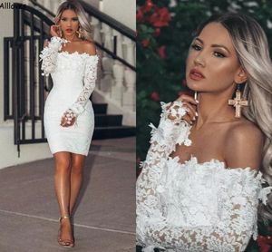 Hermosos vestidos de novia de encaje con hombros descubiertos, cuello barco, longitud por encima de la rodilla, vestidos de recepción matrimonial para Birde, minivestidos cortos de manga larga de Mariee AL9058