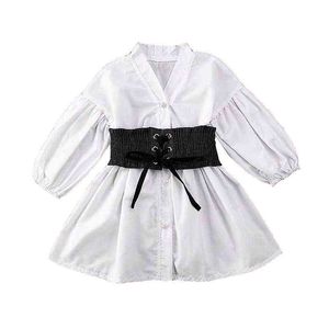 2021 Primavera Ropa para niños Niñas Fajas Camisa blanca Vestido de manga larga Vestido de algodón para niños para niños pequeños 4 5 6 7 8 9 10 11 años G1218