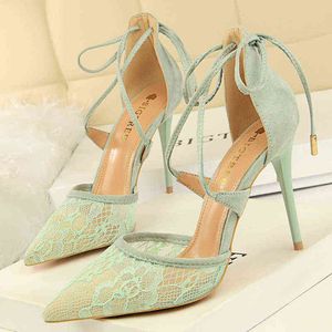 2021 verano diseñador mujeres 10cm tacones extremos sandalias de boda malla hasta tacones verdes encaje Cruz Tie Prom sandalias zapatos femeninos G220425