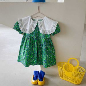 2021 Été Nouveau Style Coréen Bébé Filles Vert Floral Imprimé Robe Col En Dentelle À Manches Courtes Enfants Robes De Princesse Q0716