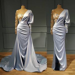 Robe de soirée sirène bleue, tendance, avec traîne détachable, manches longues, robes de bal longues, à fleurs et perles, tendance 2021