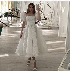 2021 Vintage pleine dentelle robe de mariée manches courtes bouffantes robes de mariée sans bretelles thé longueur civile robes de mariée pour la réception