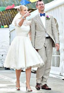2021 robes de mariée courtes Vintage dentelle encolure dégagée nœud ceinture A-ligne 3/4 manches longues thé longueur robes de mariée sur mesure