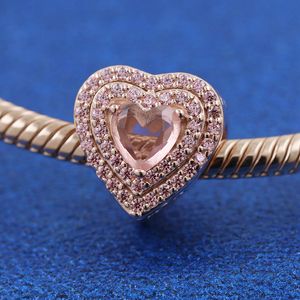 Coeur nivelé étincelant plaqué en métal or rose avec perles de charme en cristal rose convient à tous les bracelets de bijoux Pandora européens colliers