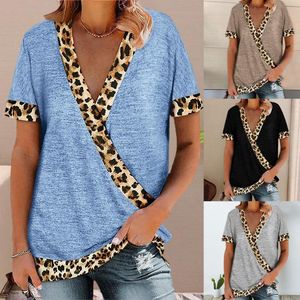 Camiseta de mujer 2021, moda de mujer, retales de leopardo, camisetas con cuello de pico profundo para mujer, Tops holgados elegantes, ropa femenina