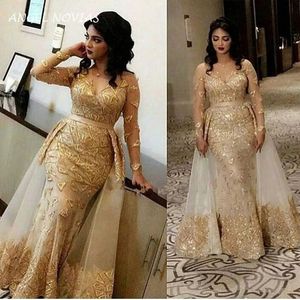 2021 vestido de noche para mujer ilusión manga larga oro sirena encaje cuello en V elegante árabe Formal vestidos de fiesta con falda desmontable