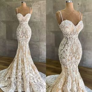 2022 2022 Dentelle Mermaid Robes de mariée sans manches Robe de mariée Spaghetti Sangles Tulle Applique Train de balayage Custom Made Plus Taille Vestido de Novia