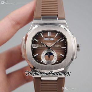 2022 5726 Calendrier annuel Phase de lune Montre automatique pour homme Boîtier en acier Cadran texturé marron Marqueurs de bâton Bracelet en caoutchouc 6 styles Montres Puretime01 E18RB-I9