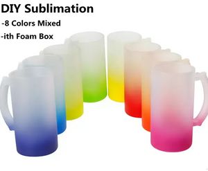 2022 8 couleurs ombrées sublimation tasses en verre dépoli de 16 oz dans des blancs de fond de couleur dégradée impression par transfert de chaleur bouteille d'eau de whisky transparente tasses de bricolage