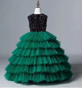 2022 Adorable vestido de fiesta verde Vestidos de niña de las flores Princesa Sheer Mangas largas Apliques Cuello de joya Vestidos de fiesta de cumpleaños para niños pequeños