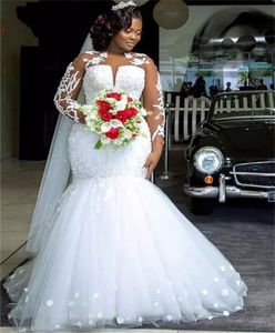 2022 Sirena africana Vestidos de novia Joya Cuello Ilusión Apliques de encaje completo Cuentas de cristal Perlas Mangas largas Flores hechas a mano Vestidos de novia Vestidos de novia Tallas grandes