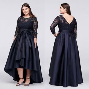 2022 Negro Tallas grandes Alto Bajo Vestidos de noche formales con medias mangas Sheer Jewel Neck Top de encaje A-Line Short Front Prom Wear Mujeres Vestidos para ocasiones especiales Vestido de madre