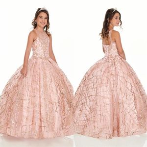 2022 Bling Rose Or Mini Quinceanera Pageant Robes Pour Petites Filles Glitter Tulle Bijou Strass Perlé Robe De Soirée Toddler 2578