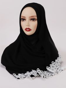 2022 mousseline de soie femmes musulman Hijab tête écharpe avec fleurs blanches feuilles dentelle Hijabs pour foulards voile Islam châle