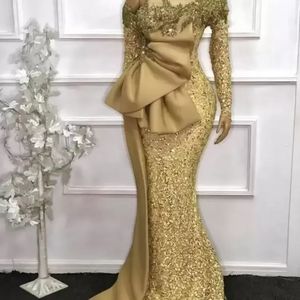 2022 Elegantes vestidos de noche de sirena de encaje de estilo africano Tallas grandes Lentejuelas doradas Mangas largas Con cuentas Vestidos de fiesta de graduación Robe De Soiree BC11139 0618