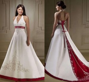 2022 Elegante cuello halter Vestidos de novia blancos y rojos Bordado Capilla Tren Corsé Vestidos de boda nupciales por encargo para la iglesia