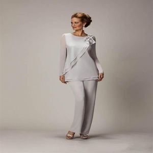 2022 Élégant Plus La Taille Argent Mère Pantalon Costume Pour La Mère De La Mariée Marié Perlé En Mousseline De Soie De Mariage Robes De Soirée Pr292Y