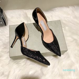 2022 Haute Qualité Designer Party Chaussures De Mariage Mariée Femmes Dames Sandales Mode Robe Sexy Robe Bout Pointu Talons En Cuir Glitter Taille 35-40