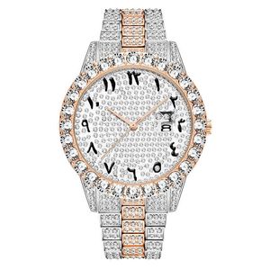 2022 Hip Hop Hombres Marca de oro Fecha Regalos Conjunto Diamante Acero inoxidable Diamante completo Reloj de cuarzo con esfera grande