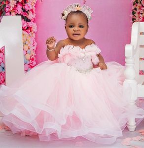 2022 Luxurious Pink Crystals Tutu Flower Girl Dresses Beaded Sheer Neck Tiers Tulle Lilttle Kids Birthday Pageant Weddding Gowns ZJ556