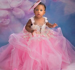 2022 Luxurious Pink Tiers Flower Girl Dresses Lace Ball Gown Tulle Lilttle Kids Birthday Pageant Weddding Gowns ZJ511