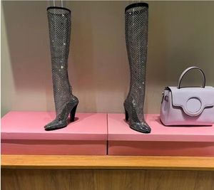 2022 diseñador de lujo 68 botas de malla de diamantes de agua botas elásticas de tacón alto de gamuza tacones altos de mujer talla 35-41
