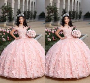 2022 vestidos de quinceañera rosa claro modesto con flores en 3D apliques florales con cuentas fuera del hombro dulce 16 vestido de baile hinchado