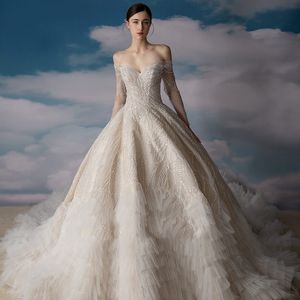 2022 Nuevo vestido de novia de novia europeo de manga larga y americana de una sola pareja Vestido de princesa sexy bodas de primavera larga vestido vestido de novia