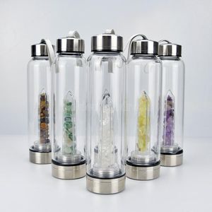Nueva botella de agua de cristal con gema de cuarzo natural, vaso de cristal para beber directamente, 8 estilos, DHL rápido FY4948 CN16
