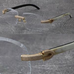 2022 New Rimless Micro-paved Diamond set Frames White Inside Black Buffalo Horn Eyewear Glasses Male and Female 18K Gold Frame glasses Unisex Wood Eyeglasses Size:60