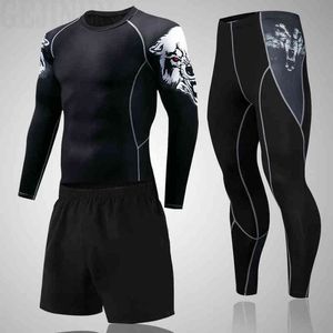 2022 Nouveau costume de sport hommes à manches longues T-shirts Pantalons MMA Compression Running Set Hommes Bodybuilding Rashguard Gym Fitness Survêtements Y1221