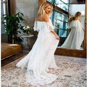 2022 Hors Épaule Boho Dentelle Plage Robes De Mariée Bohème Robe De Mariée Grande Taille Photographie Femmes Robes De Noiva Mariage 228Q