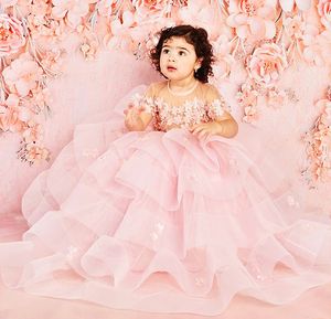 2022 Pink Sheer Neck Flower Girl Dresses Perlas Ball Gown Tiers Tulle Lilttle Kids Birthday Pageant Vestidos de boda ZJ516