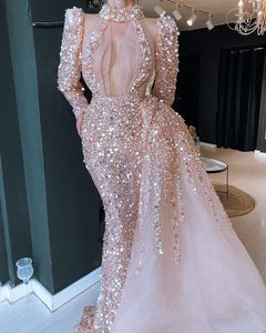 2022 Plus Size Arabo Aso Ebi Gold Sparkly Mermaid Prom Dresses Paillettes maniche lunghe da sera formale Party Second Reception Abiti Dress ZJ334