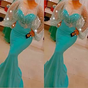2022 Plus Size Arabic Aso Ebi Mermaid Sexy Sparkly Prom Dresses Long Sleeves Sheer Neck Evening Formal Party Second Reception Bridesmaid Gowns Dress maxi dress