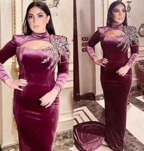 2022 Plus la taille arabe Aso Ebi violet velours sexy robes de bal perles cristaux soirée formelle fête deuxième réception anniversaire robes de fiançailles robe
