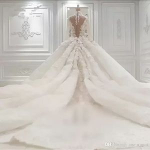 2022 Image réelle Vintage col haut voir à travers robe de mariée robe de mariée de luxe dentelle appliquée grande taille robe de mariée de Dubaï avec train cathédrale