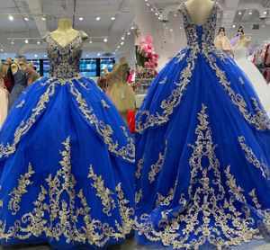 2022 bleu royal or robes de Quinceanera col en V appliques dentelle corset perlé dos princesse douce 16 robe adultes femmes bal