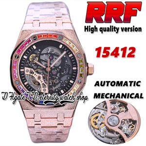 2022 RRF rf15412 Montre Homme Mécanique Automatique Rainbow T Diamants Lunette Or Rose Cadran Squelette Double Balance Frost Gold Craft Bracelet Montres d'éternité